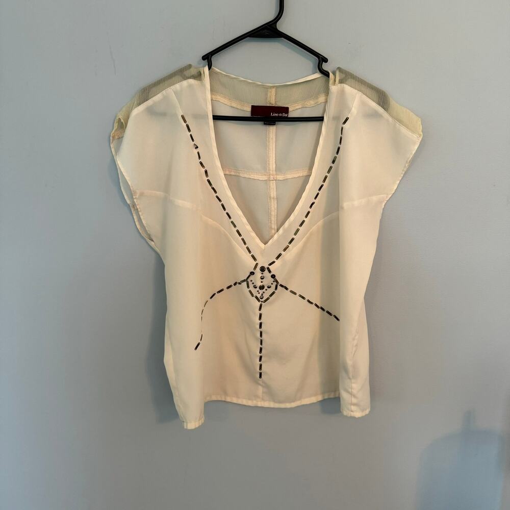 Vintage Line & Dot Semi Sheer Embellished Top Women's Size Small Off-White Ivory - Picture 1 of 9